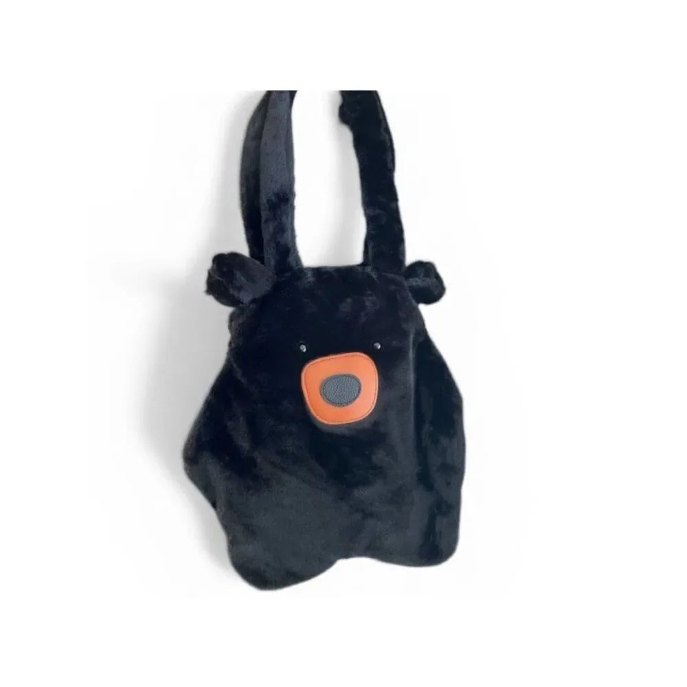 Small Plush Black Bear Shoulder Bag Cute Purse Double Handles New